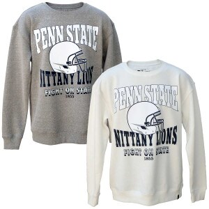 heather gray and white long sleeve crew sweatshirts with Penn State Nittany Lions, football helmet, Fight on State, and 1855